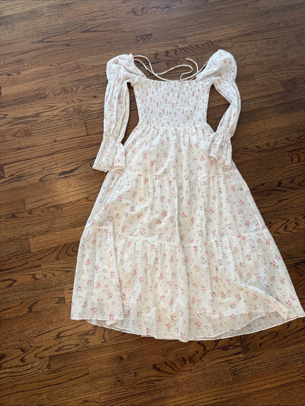 Lucy Paris White Floral Smocked Midi Dress with Pink Blossoms